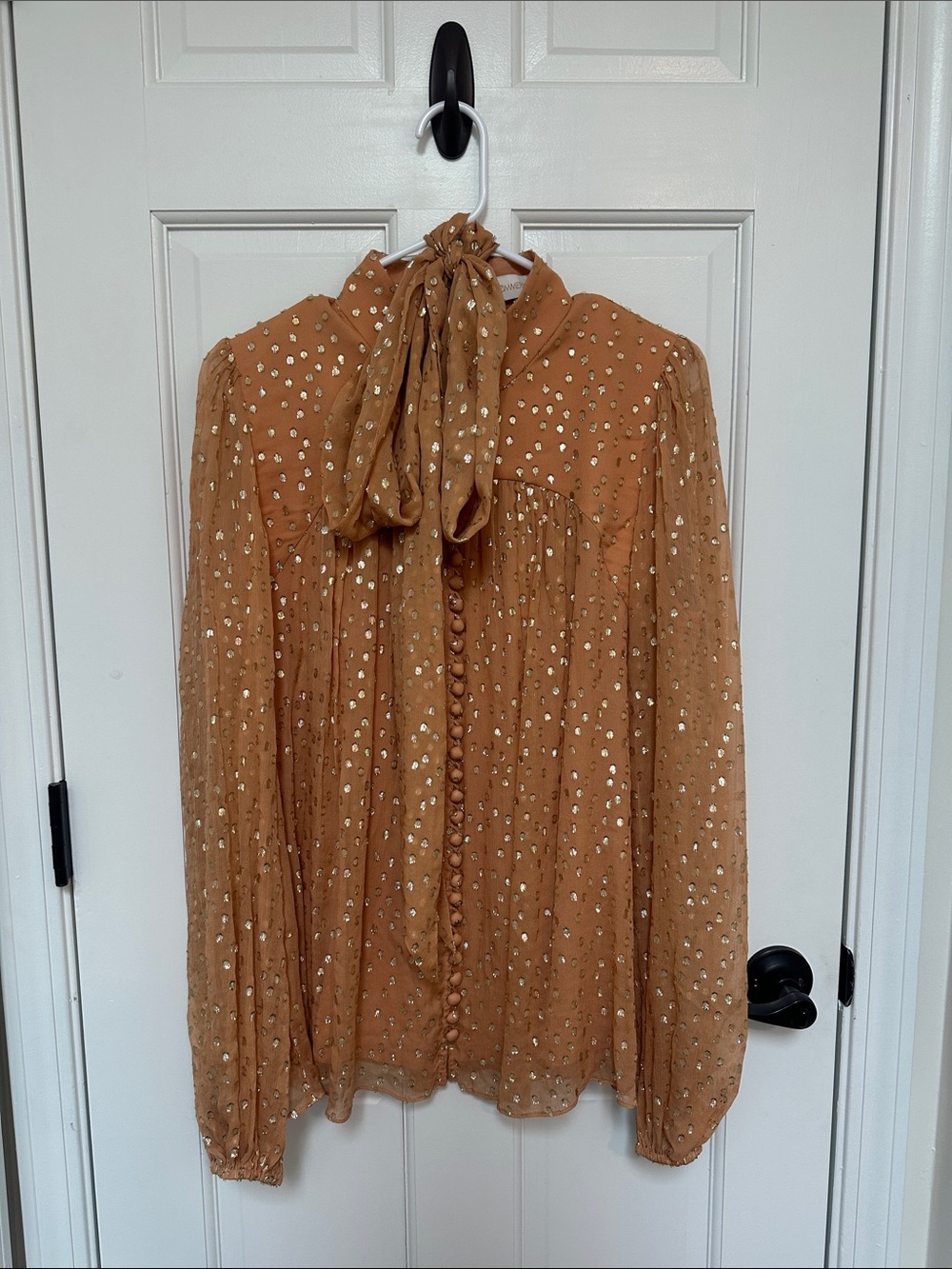 Zimmermann Tan Metallic Dot Tie-Neck Blouse